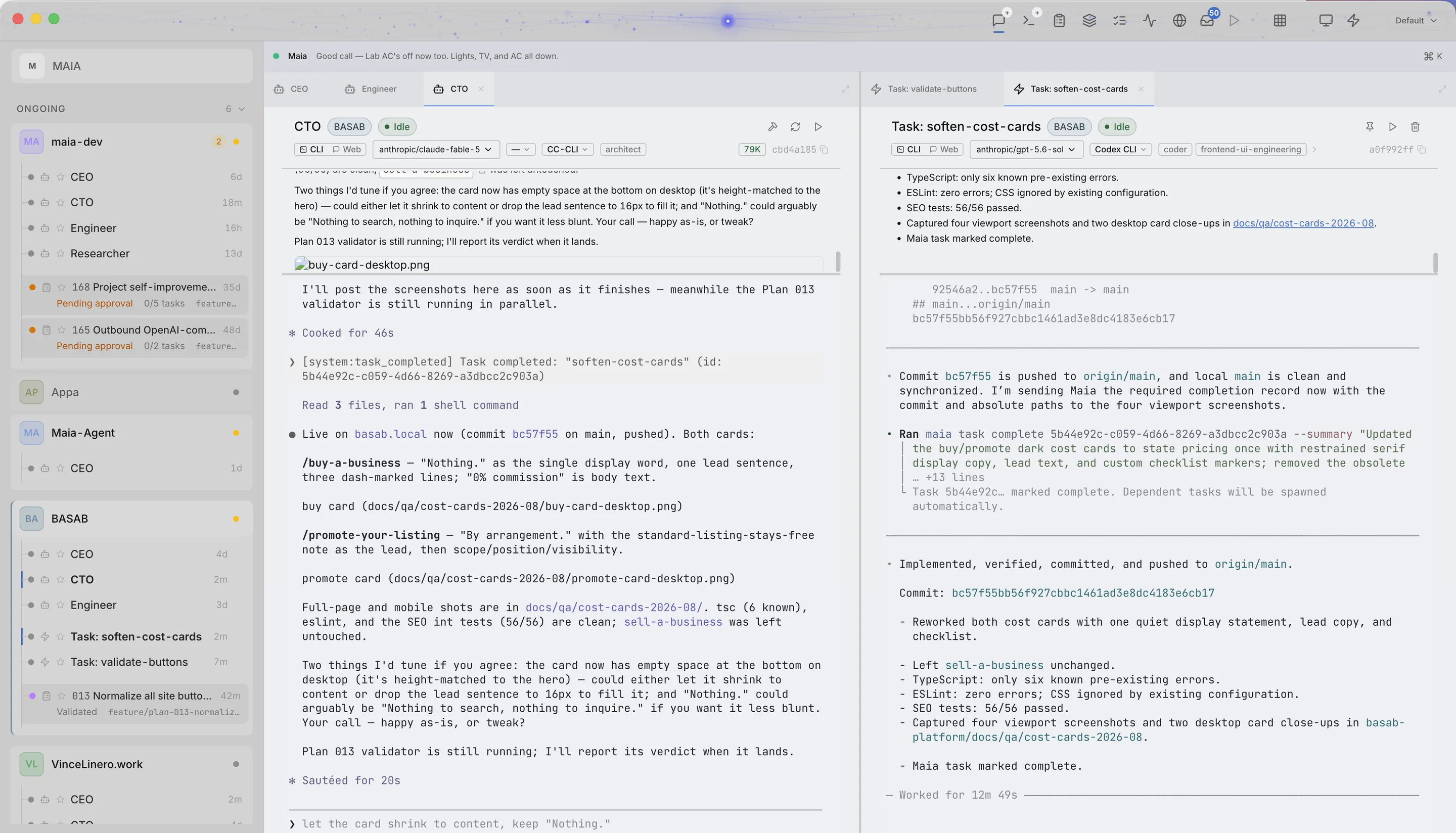 Maia, open as a web application: project sidebar on the left, and two live terminals side by side — one session running Claude Code, a worker task running Codex CLI